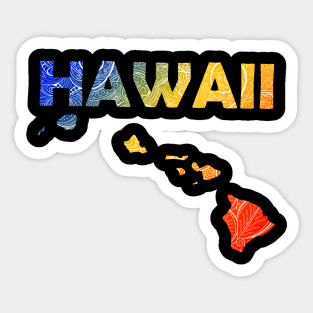 Colorful mandala art map of Hawaii with text in blue, yellow, and red Sticker